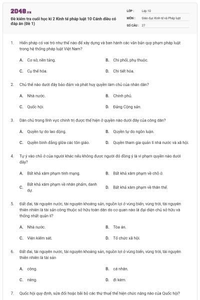 Đề kiểm tra cuối học kì 2 Kinh tế pháp luật 10 Cánh diều có đáp án (Đề 1)