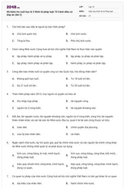 Đề kiểm tra cuối học kì 2 Kinh tế pháp luật 10 Cánh diều có đáp án (Đề 2)