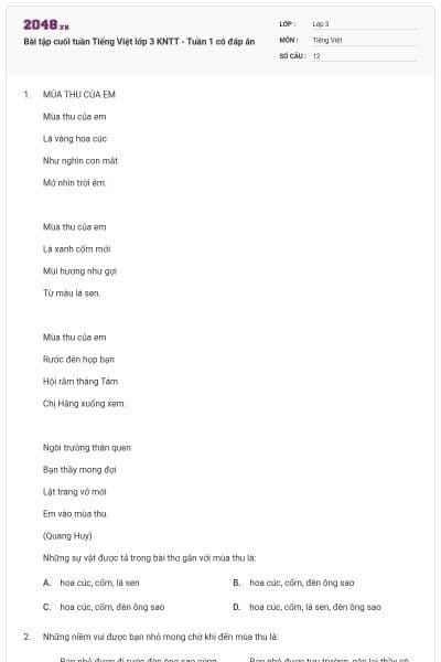 Bài tập cuối tuần Tiếng Việt lớp 3 KNTT - Tuần 1 có đáp án