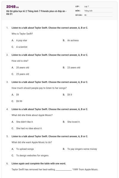 Đề thi giữa học kì 2 Tiếng Anh 7 Friends plus có đáp án - Đề 01
