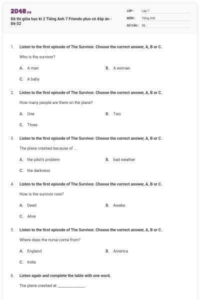 Đề thi giữa học kì 2 Tiếng Anh 7 Friends plus có đáp án - Đề 02