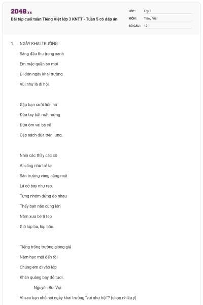 Bài tập cuối tuần Tiếng Việt lớp 3 KNTT - Tuần 5 có đáp án