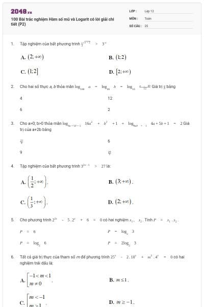 100 Bài trắc nghiệm Hàm số mũ và Logarit có lời giải chi tiết (P2)