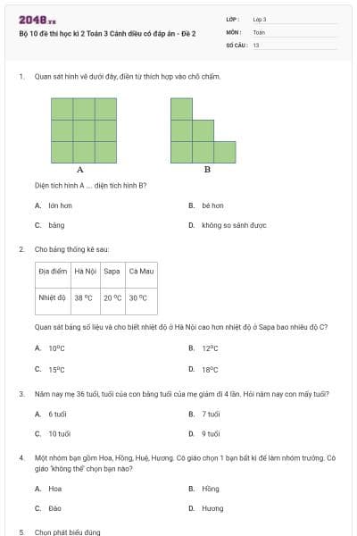Bộ 10 đề thi học kì 2 Toán 3 Cánh diều có đáp án - Đề 2