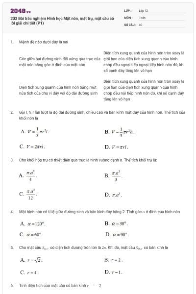 233 Bài trắc nghiệm Hình học Mặt nón, mặt trụ, mặt cầu có lời giải chi tiết (P1)