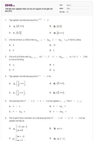 100 Bài trắc nghiệm Hàm số mũ và Logarit có lời giải chi tiết (P2)