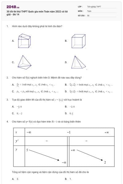 30 đề thi thử THPT Quốc gia môn Toán năm 2022 có lời giải - Đề 14