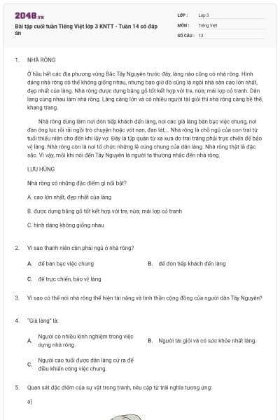 Bài tập cuối tuần Tiếng Việt lớp 3 KNTT - Tuần 14 có đáp án