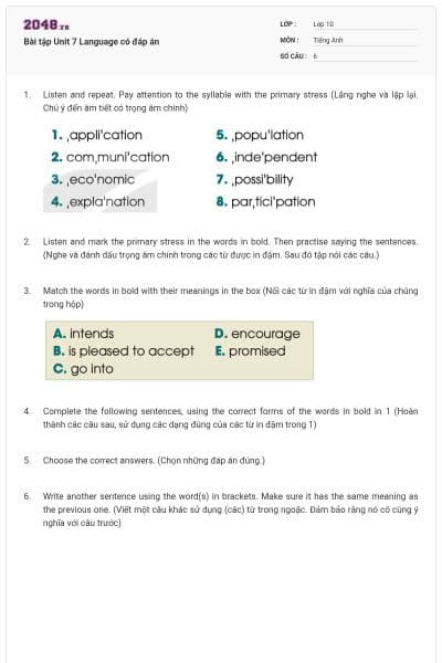 Bài tập Unit 7 Language có đáp án