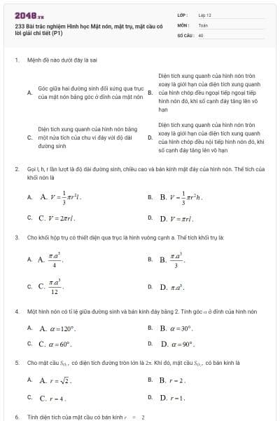 233 Bài trắc nghiệm Hình học Mặt nón, mặt trụ, mặt cầu có lời giải chi tiết (P1)