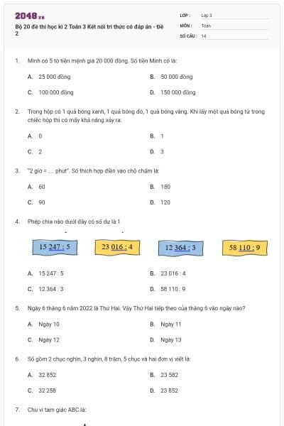 Bộ 20 đề thi học kì 2 Toán 3 Kết nối tri thức có đáp án - Đề 2