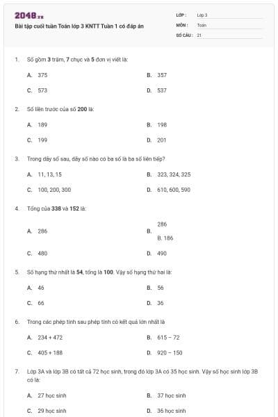 Bài tập cuối tuần Toán lớp 3 KNTT Tuần 1 có đáp án