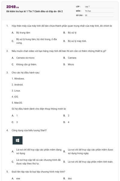 Đề kiểm tra học kì 1 Tin 7 Cánh diều có đáp án- Đề 2