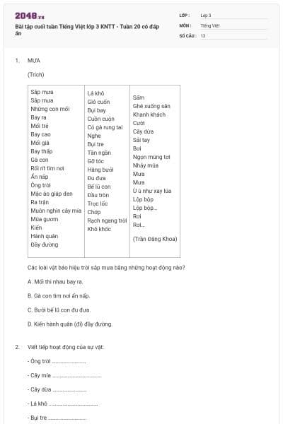 Bài tập cuối tuần Tiếng Việt lớp 3 KNTT - Tuần 20 có đáp án