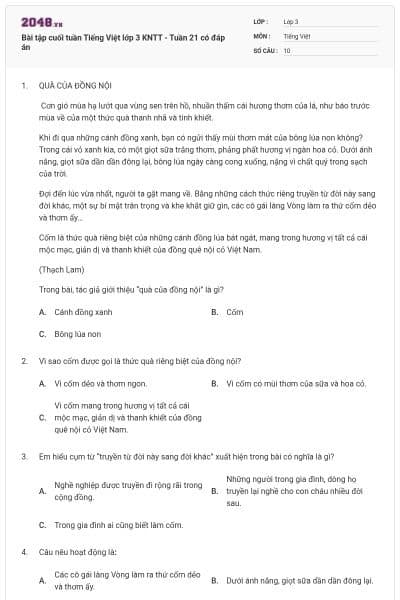 Bài tập cuối tuần Tiếng Việt lớp 3 KNTT - Tuần 21 có đáp án