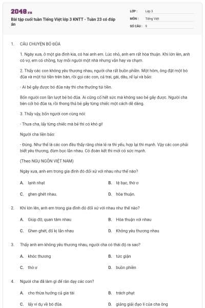 Bài tập cuối tuần Tiếng Việt lớp 3 KNTT - Tuần 23 có đáp án