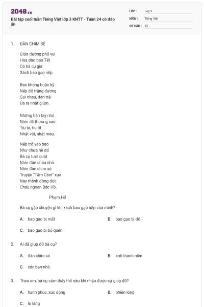 Bài tập cuối tuần Tiếng Việt lớp 3 KNTT - Tuần 24 có đáp án