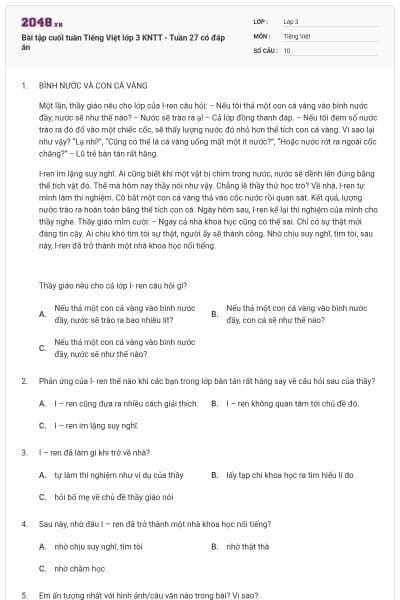 Bài tập cuối tuần Tiếng Việt lớp 3 KNTT - Tuần 27 có đáp án