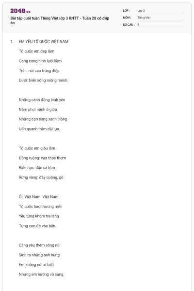 Bài tập cuối tuần Tiếng Việt lớp 3 KNTT - Tuần 28 có đáp án