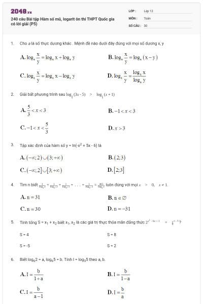 240 câu Bài tập Hàm số mũ, logarit ôn thi THPT Quốc gia có lời giải (P5)