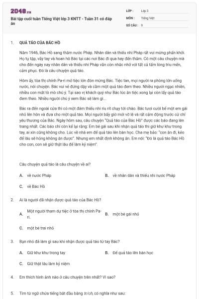 Bài tập cuối tuần Tiếng Việt lớp 3 KNTT - Tuần 31 có đáp án