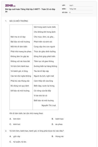 Bài tập cuối tuần Tiếng Việt lớp 3 KNTT - Tuần 33 có đáp án