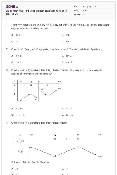35 đề minh họa THPT Quốc gia môn Toán năm 2022 có lời giải (Đề 24)