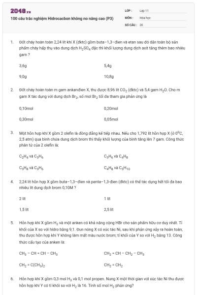 100 câu trắc nghiệm Hidrocacbon không no nâng cao (P3)