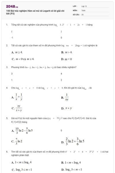 100 Bài trắc nghiệm Hàm số mũ và Logarit có lời giải chi tiết (P3)