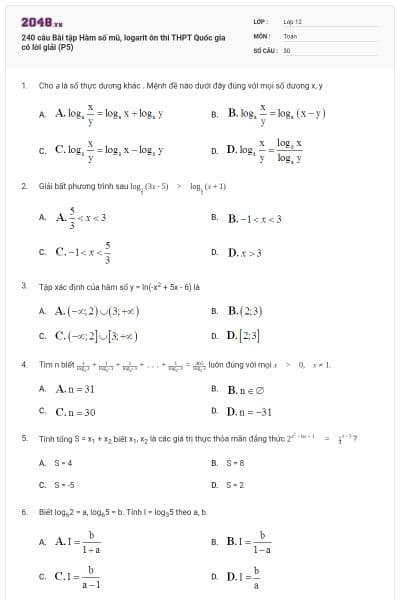240 câu Bài tập Hàm số mũ, logarit ôn thi THPT Quốc gia có lời giải (P5)