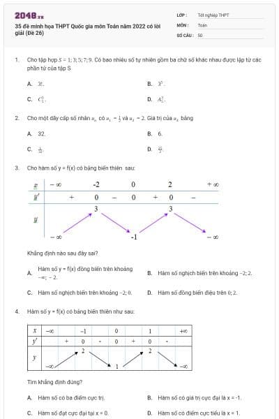 35 đề minh họa THPT Quốc gia môn Toán năm 2022 có lời giải (Đề 26)