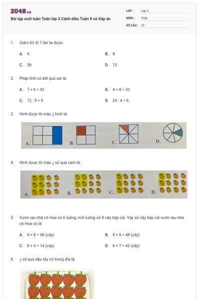 Bài tập cuối tuần Toán lớp 3 Cánh diều Tuần 9 có đáp án