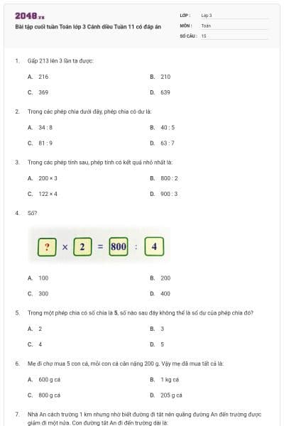 Bài tập cuối tuần Toán lớp 3 Cánh diều Tuần 11 có đáp án