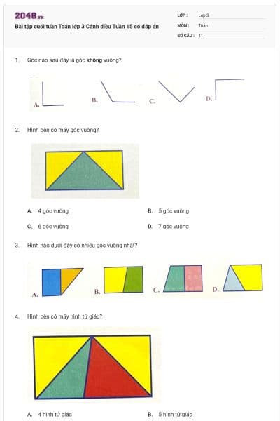 Bài tập cuối tuần Toán lớp 3 Cánh diều Tuần 15 có đáp án