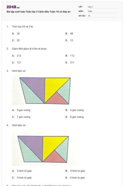 Bài tập cuối tuần Toán lớp 3 Cánh diều Tuần 18 có đáp án