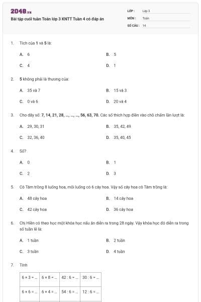 Bài tập cuối tuần Toán lớp 3 KNTT Tuần 4 có đáp án