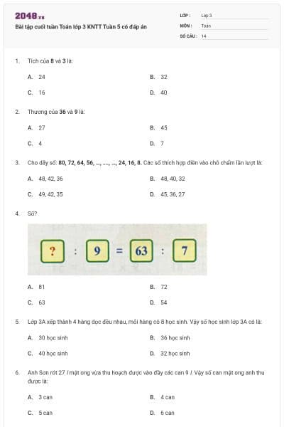 Bài tập cuối tuần Toán lớp 3 KNTT Tuần 5 có đáp án