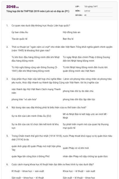 Tổng hợp Đề thi THPTQG 2019 môn Lịch sử có đáp án (P1)