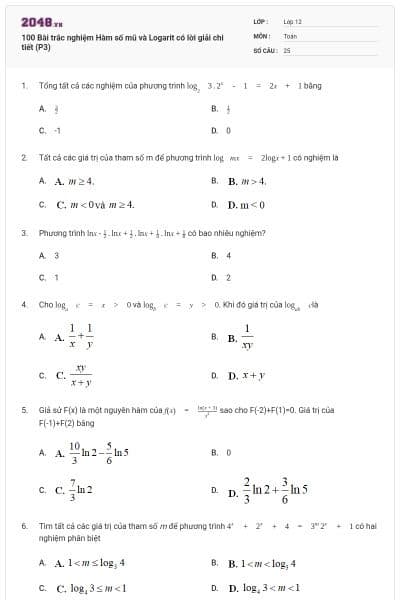 100 Bài trắc nghiệm Hàm số mũ và Logarit có lời giải chi tiết (P3)