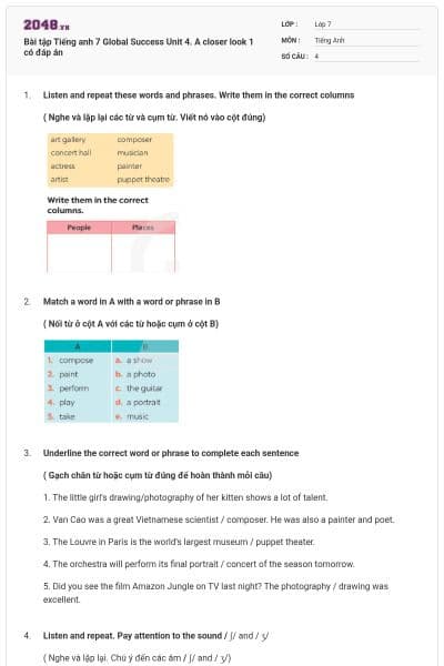 Bài tập Tiếng anh 7 Global Success Unit 4. A closer look 1 có đáp án