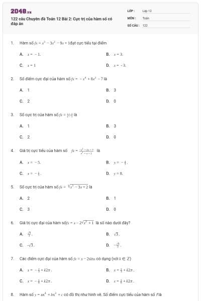 122 câu Chuyên đề Toán 12 Bài 2: Cực trị của hàm số có đáp án