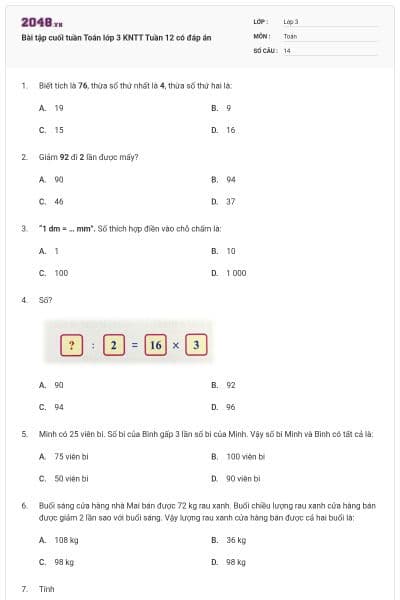 Bài tập cuối tuần Toán lớp 3 KNTT Tuần 12 có đáp án