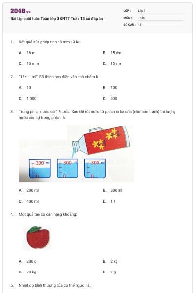 Bài tập cuối tuần Toán lớp 3 KNTT Tuần 13 có đáp án