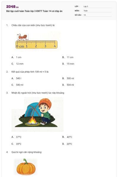 Bài tập cuối tuần Toán lớp 3 KNTT Tuần 14 có đáp án