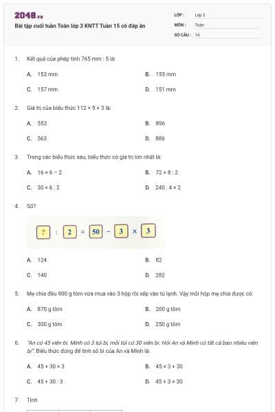 Bài tập cuối tuần Toán lớp 3 KNTT Tuần 15 có đáp án