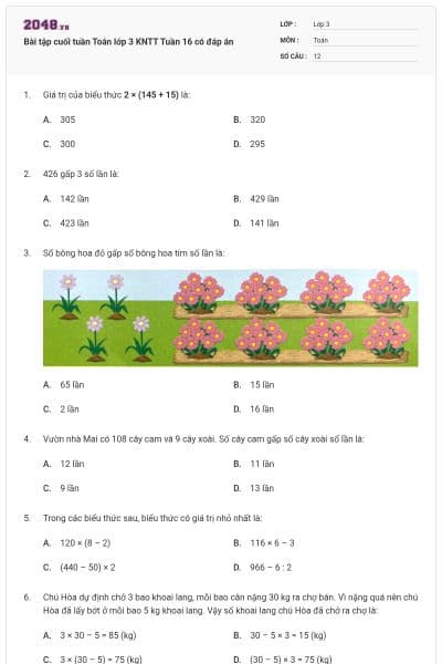 Bài tập cuối tuần Toán lớp 3 KNTT Tuần 16 có đáp án