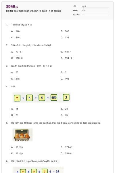 Bài tập cuối tuần Toán lớp 3 KNTT Tuần 17 có đáp án