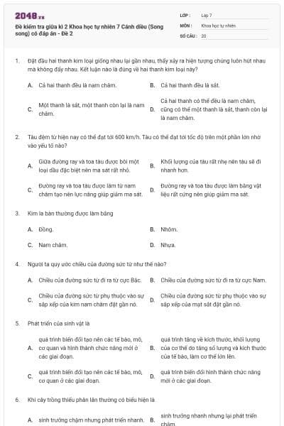 Đề kiểm tra giữa kì 2 Khoa học tự nhiên 7 Cánh diều (Song song) có đáp án - Đề 2