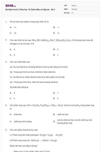 Đề kiểm tra kì 2 Hóa học 10 Cánh diều có đáp án - Đề 1