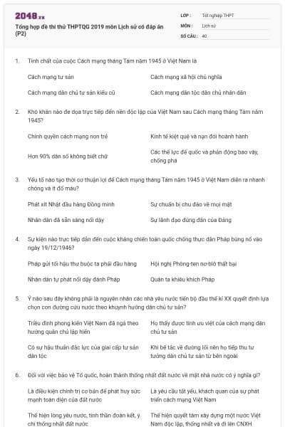 Tổng hợp đề thi thử THPTQG 2019 môn Lịch sử có đáp án (P2)